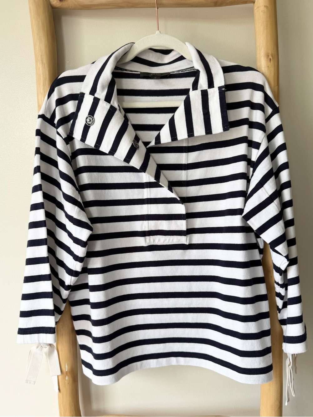 J. Crew Navy White Striped Snap Neck Knit Nautical 3/4 Tie Sleeve Pullover M - Picture 5 of 12